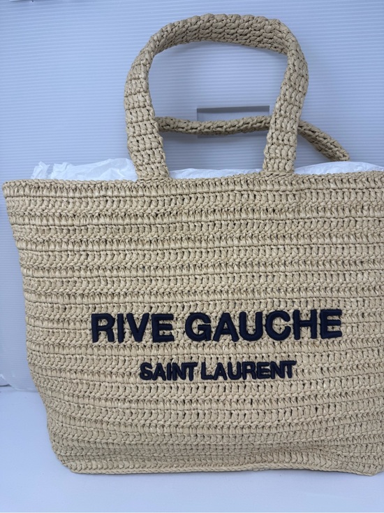 Saint Laurent Handbags - Saint Laurent Beige Crochet Rive Gauche Tote with Navy Logo